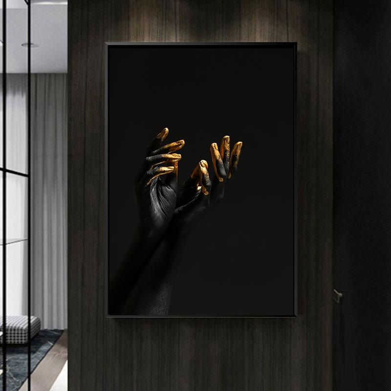 Modelo de maquiagem moderna dourada e preta, mulher africana, pinturas de arte de parede em tela, pôster de menina da moda, impressões para sala de estar, decoração de casa