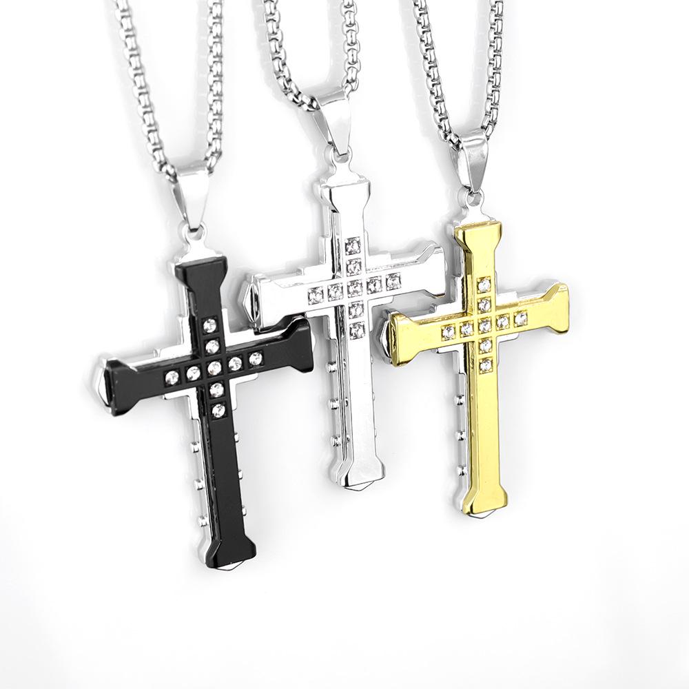 Titanium Stainless Steel Cross Necklace with Rhinestones - Men's Bold Fashion Accessory