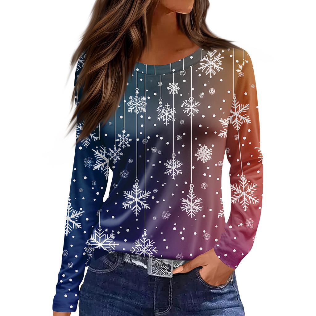 Women's Fashion Casual Slit Hem Round Neck Long Sleeve Loose Christmas Printed T-Shirt Ladies Top
