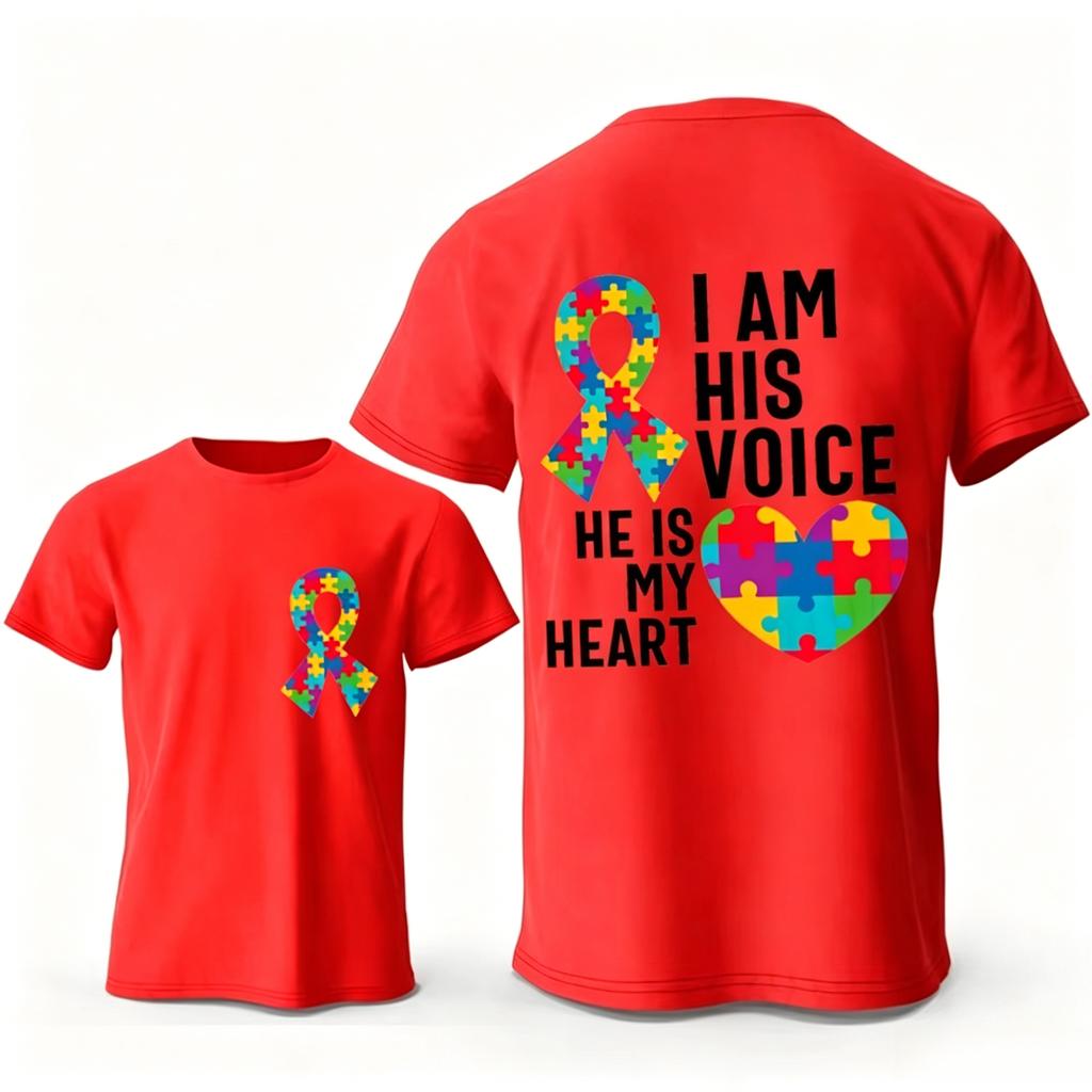 Autism Heart Tee Tshirtsi Am His Voice He Is My Heart Tshirts Unisex Unisexs Clothing Fashion Casual Tshirts Short Sleeve Tops