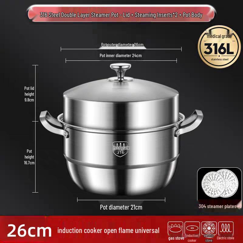 

316 Stainless Steel High-Rise Steamer Pot, Extra Thick, Food-Grade, Large Capacity, Versatile 3-4 Layer Soup Pot
