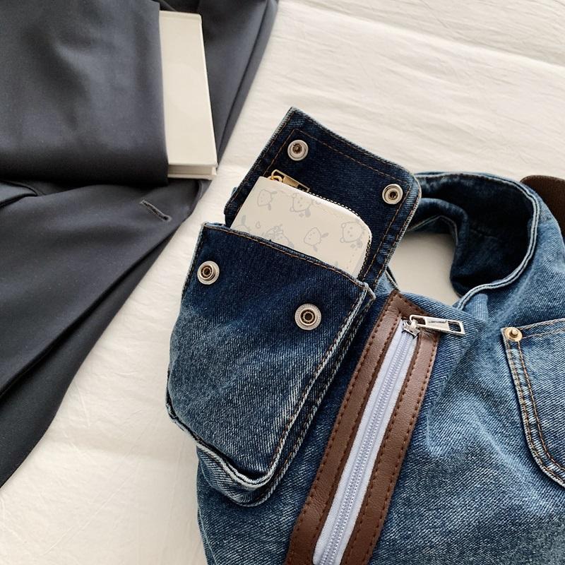 Washed Denim Slouchy Hobo Bag with Multi Pocket Design and Ruched Strap Casual Shoulder Purse for Women Daily Travel