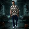 Men's V-Neck Short Sleeve Scrub Top with Halloween Print and Chest Pocket