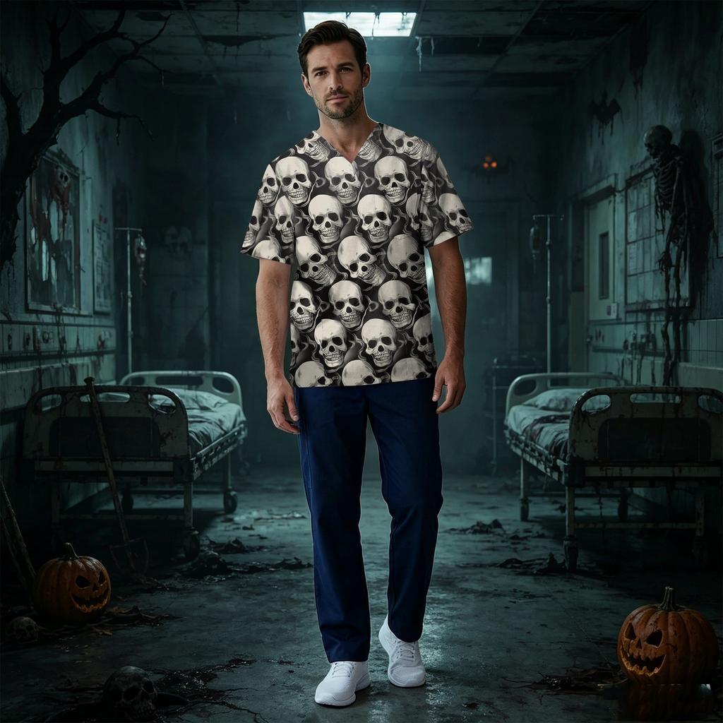 Men's V-Neck Short Sleeve Scrub Top with Halloween Print and Chest Pocket