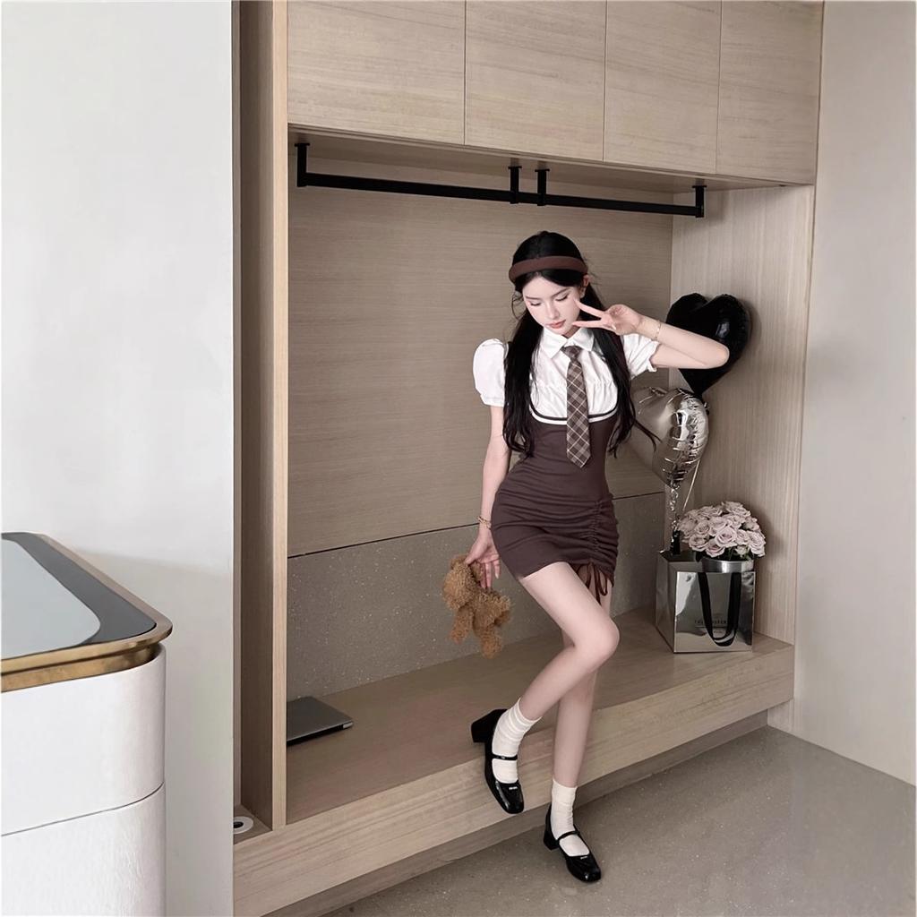 Summer New Niche Design Sense Pure Desire Style Spice Girl Hip Skirt Women's College Style Color Matching and Thin POLO Dress