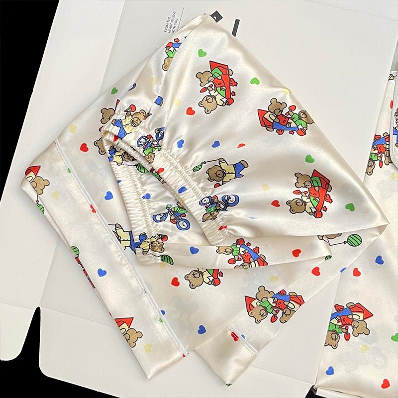 Letni Nowy Damski Słodki Satynowy Zestaw Piżamy z Kwiatowym Wzorem Krótki Rękaw+Spodnie Damskie Uroczy Strój Domowy Codzienny