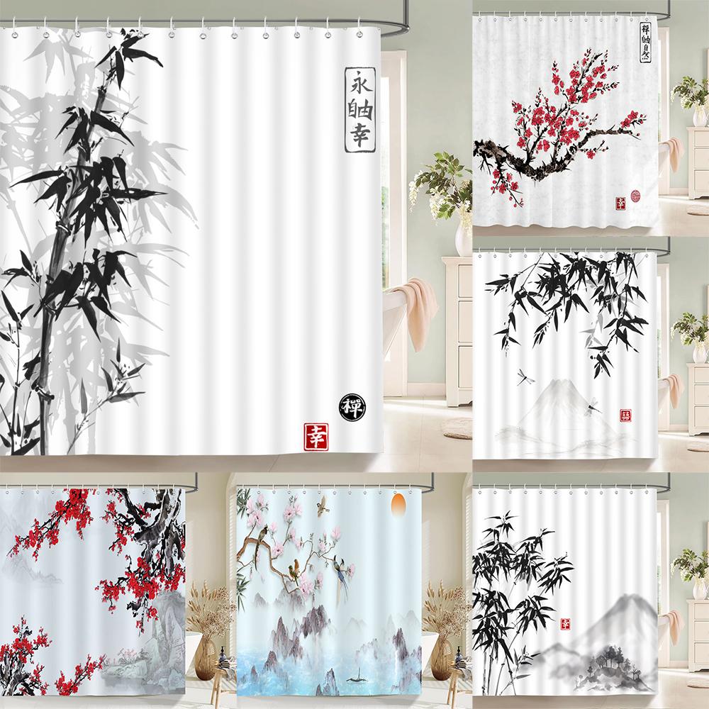 Shower Curtain Ink Painting Plant Flower Landscape 3D Printing Bathroom Curtain Polyester Waterproof Home Decor Curtain 180X180
