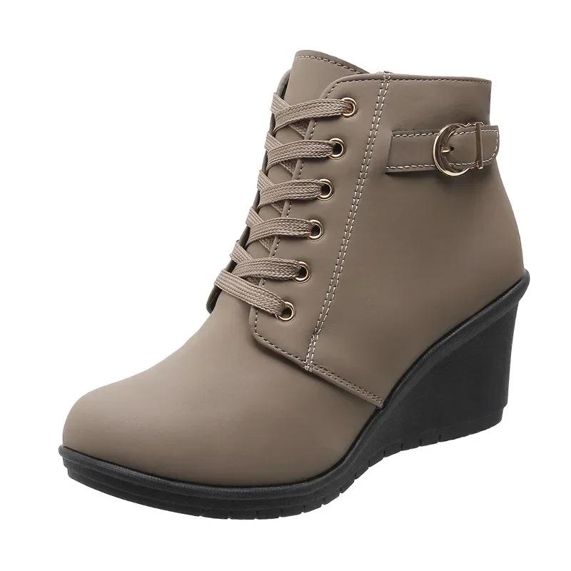 Retro Wedge Thick Bottom Round Toe High Heels Short Boots Lace Up Autumn Winter Warm Platform Ethnic Style Ankle Boots2025
