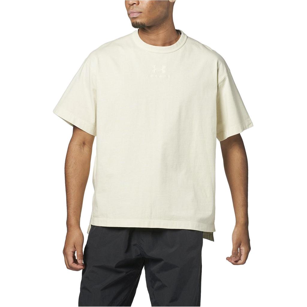 Under Armour Embroidered Design Solid Color Crew Neck Casual Short Sleeve T-Shirt Men Tops Cream 1387993-273