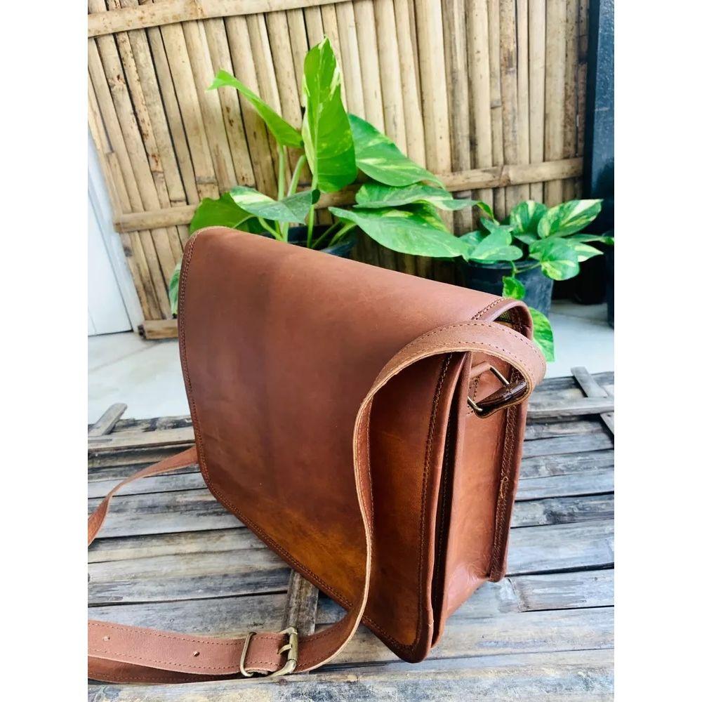 Men's Goat Leather Messenger Shoulder Handmade Leather Brown Bag ( Free Gifts Cross Body Black Bag Size - 9 X 7 X 3 In )