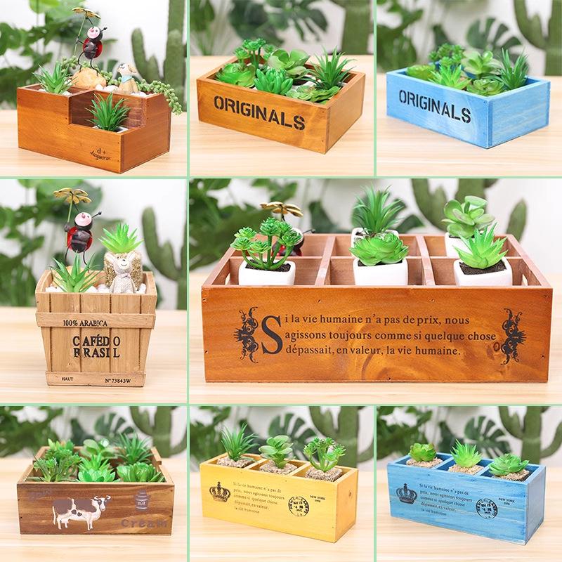 Wooden Rectangular Succulent Planter Box with Micro Landscape Design