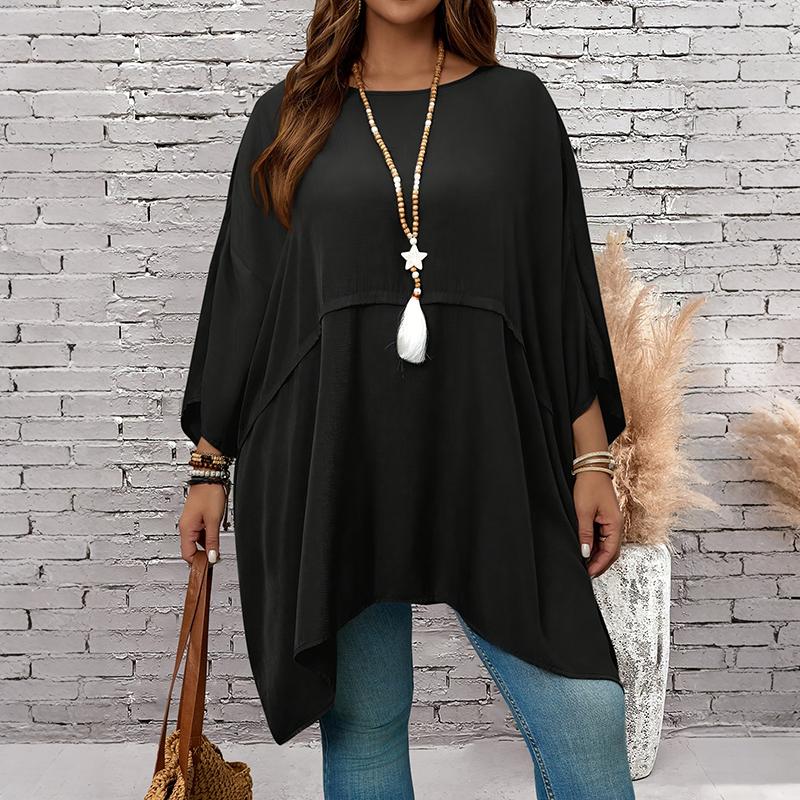 Women Plus Size Solid Color Asymmetric Hem Poncho Top Batwing Sleeve Loose Summer Blouse