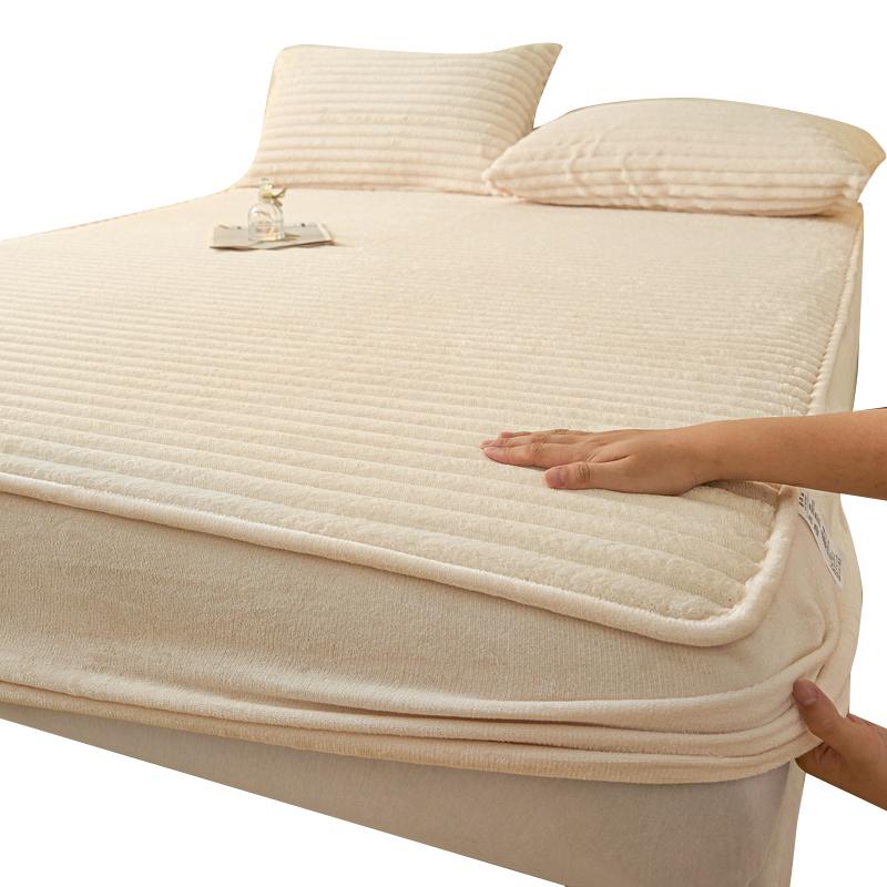 Fluffy Plush Fitted Bed Sheet with Elastic Band Solid Color Mattress Protective Cover Thick Bedspread for Single Double Bedsheet