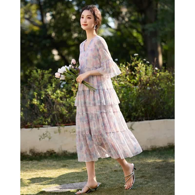 Elegant V-Neck Floral Flare Sleeve A-Line Dress XL