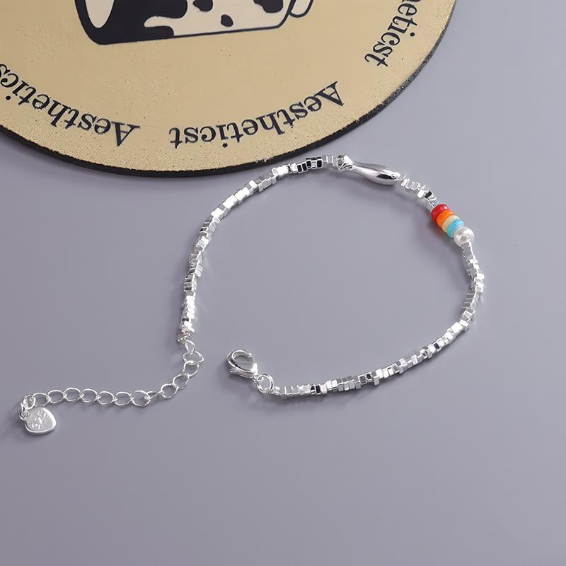 Silver Plated Bracelet for Women Pearl Red Agate Turquoise Glass Fish Butterfly Geometric Elastic Jewelry Party Gift