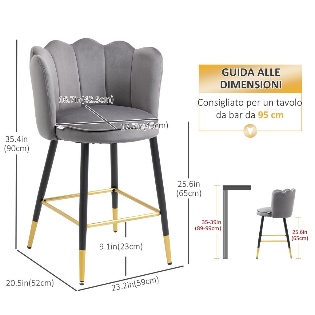 Set of 2 Velvet Bar Stools with Footrest and Steel Base, 59x52x90cm, Grey