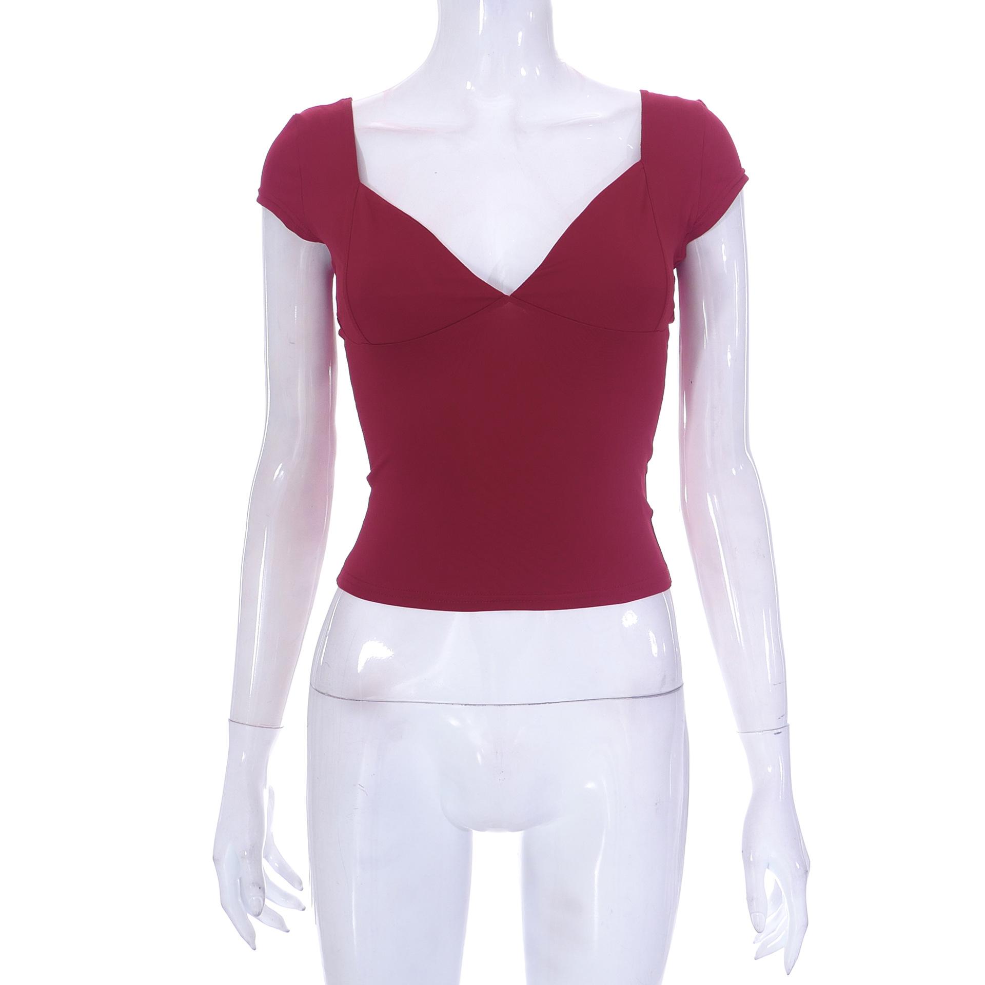 Женский весенне-летний повседневный топ GMXIA однотонный с глубоким круглым вырезом и короткими рукавами M