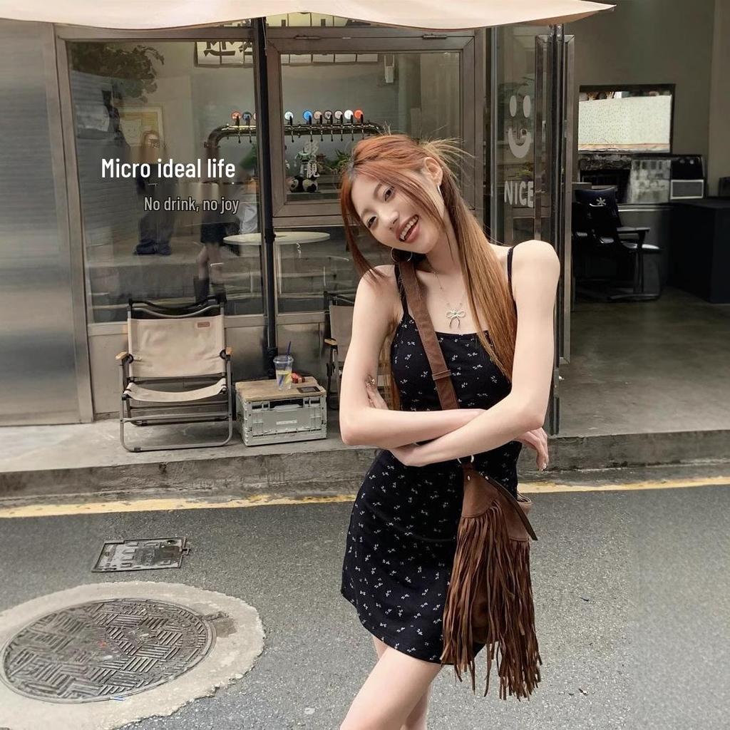 Spicy Girl Black Floral Spaghetti Strap Bodycon Dress - Women's Summer Petite Slimming Short Dress