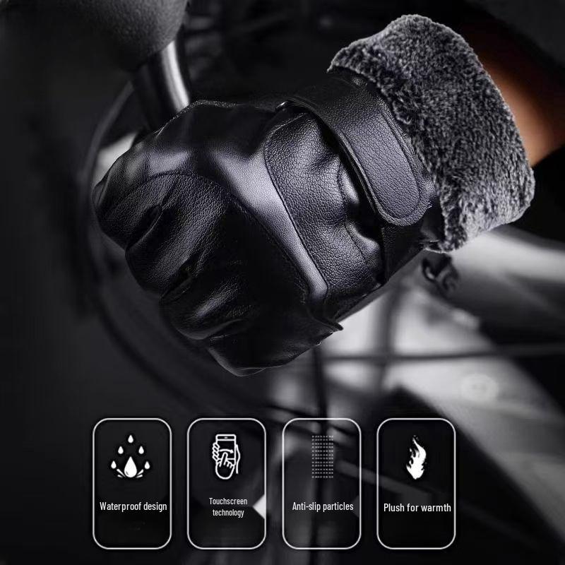 Men's Winter Warm Leather Motorcycle Gloves - Waterproof, Touch Screen, Plus Velvet Lining.