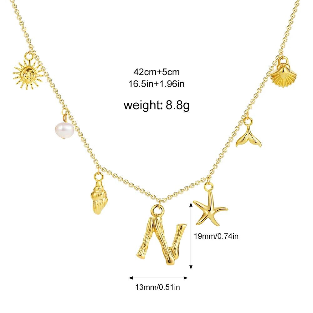Boho A-Z Initial Letter Pendant Necklace Gold Color Beach Shell Starfish Pearl Necklace Women's Charm Jewelry Party Gift