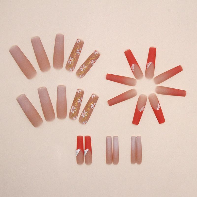 Frosted golden autumn orange French long water pipe nail Spice Girls ins wind diamond flower wearing armor wholesale nails
