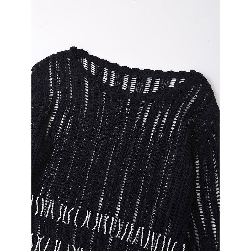 Kaslead New Arrival Women's Fashion Style Cut Out Beaded Mesh Plain Weaving Knitting Tops 4813808