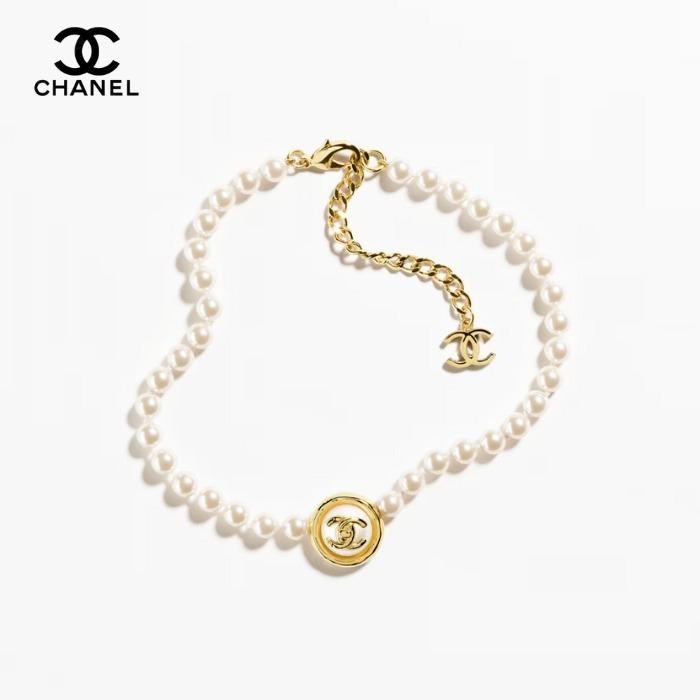 Chanel Double C-shaped Metal Resin and Cultured Pearl Necklace, Unisex Style, Couple's Set, White