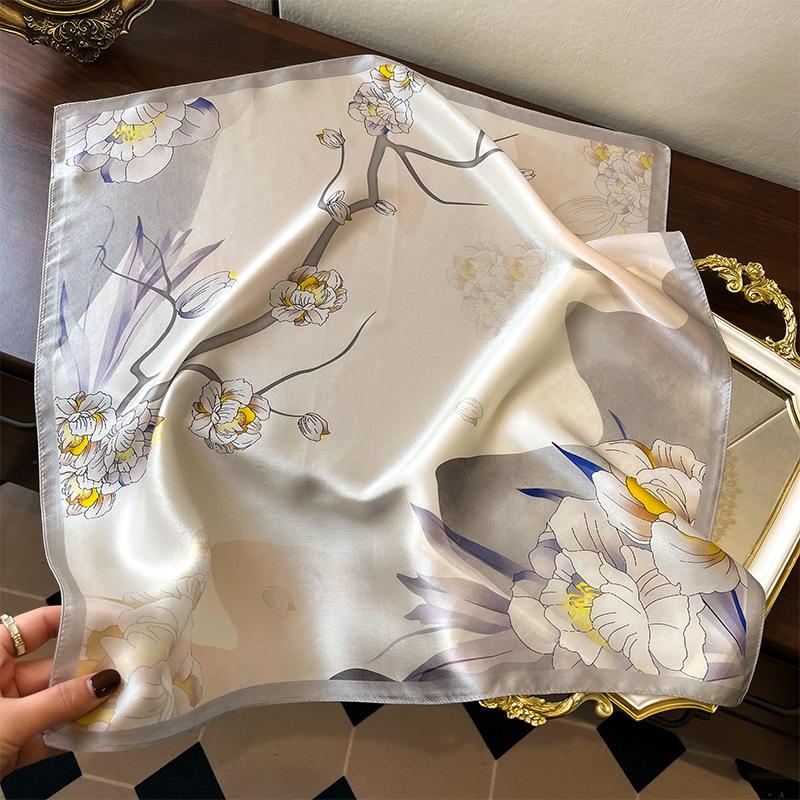 2024 Spring Camellia Silk Scarf Women s New 100% Mulberry Silk Scarf Fashion Versatile Crepe Satin Silk Scarf 53cm