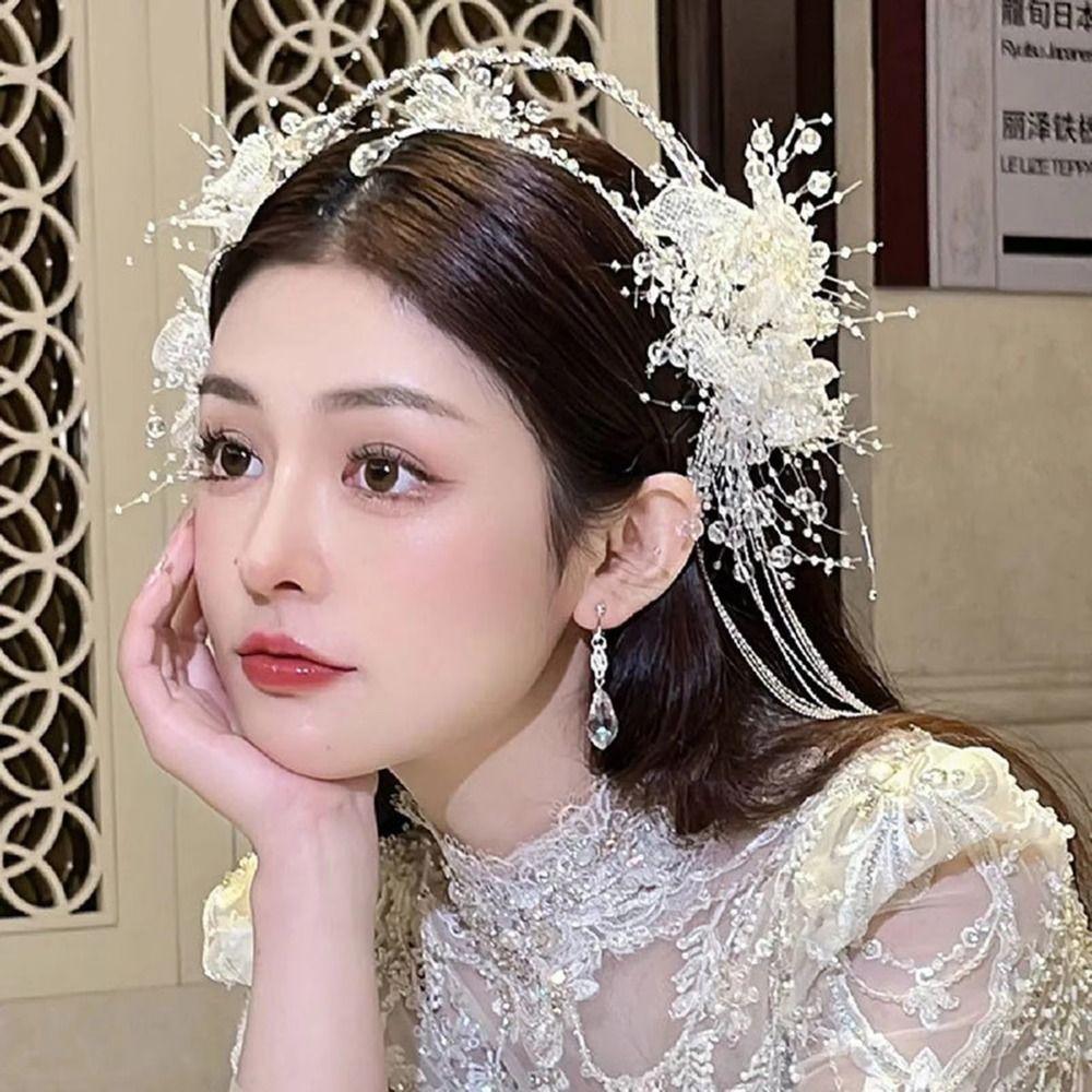 Shining Crystal Hair Hoop Flowers Fringed Bridal Headdress Fashion Head Chain  Wedding Jewelry Set