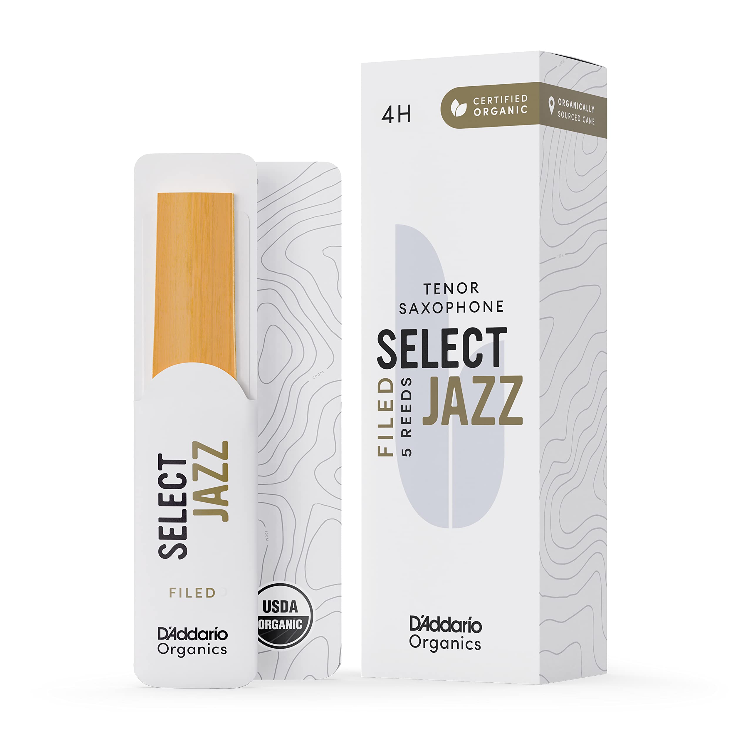 

D Addario WoodWinds Трость D Addario для тенор-саксофона, сертифицированная Министерством сельского хозяйства США, органическая, SELECT JAZZ FILED ORSF05TSX4H [Твердость: 4H] Упаковка из 5 шт.