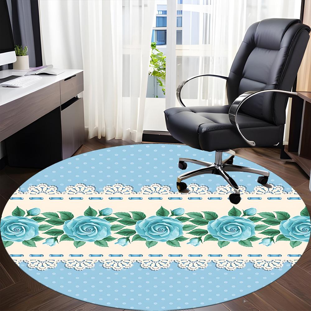 1pc Blue Rose Lace Pattern Office Round Rug, Carpet for Office, Gaming, Lightweight Round Floor Mat Yy260208029