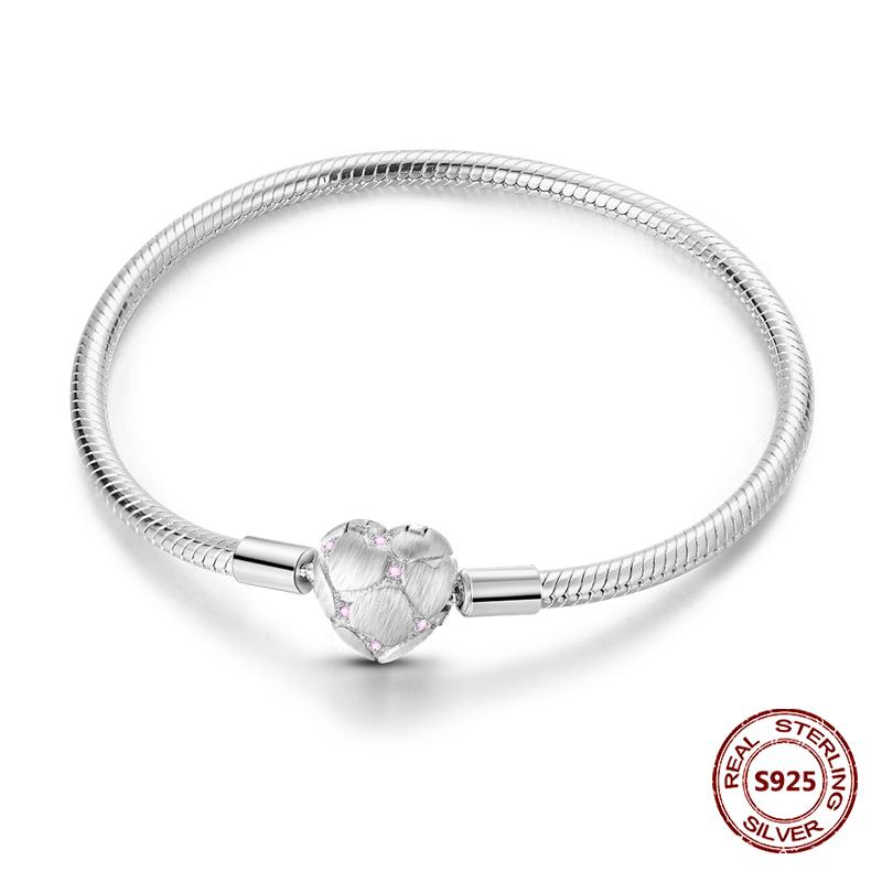 Pink Love Heart Silver 925 Bracelet Original Bracelets Zircon Cat Paw Snake Chain For DIY Charms 17-20CM Wedding Jewelry Gifts