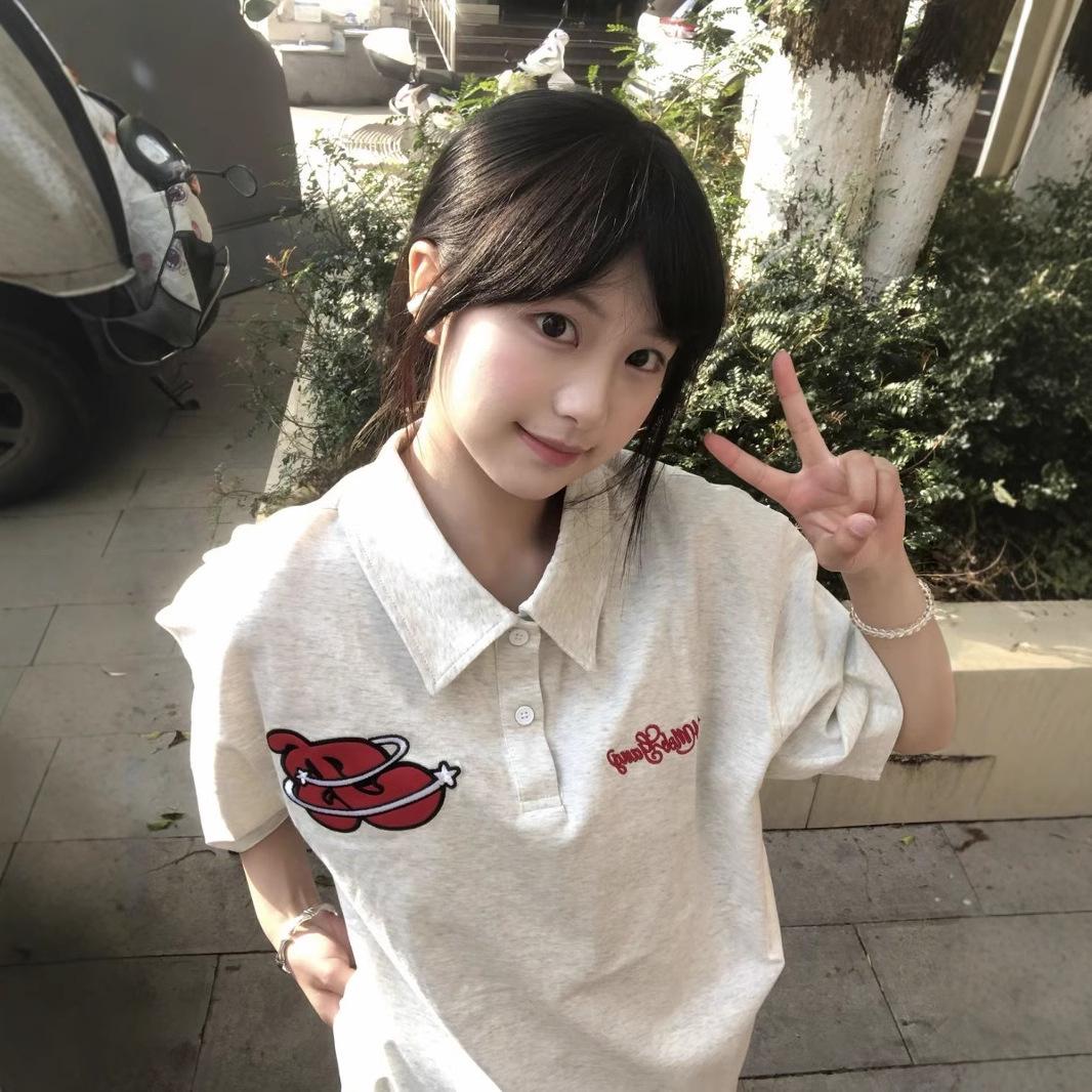 

Women s Summer Retro Embroidered Polo Shirt - Loose Fit, Pure Cotton, Short Sleeve, Lapel Design L сірий колір