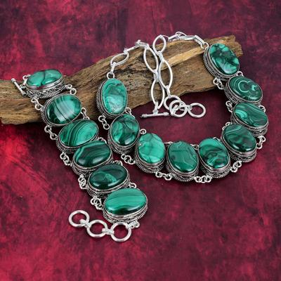Malachit Halskette, 925 Sterling Silber Verstellbares Kettenarmband, Geschenk für Frauen, handgemachte Edelstein Halskette & Armband Schmuckset