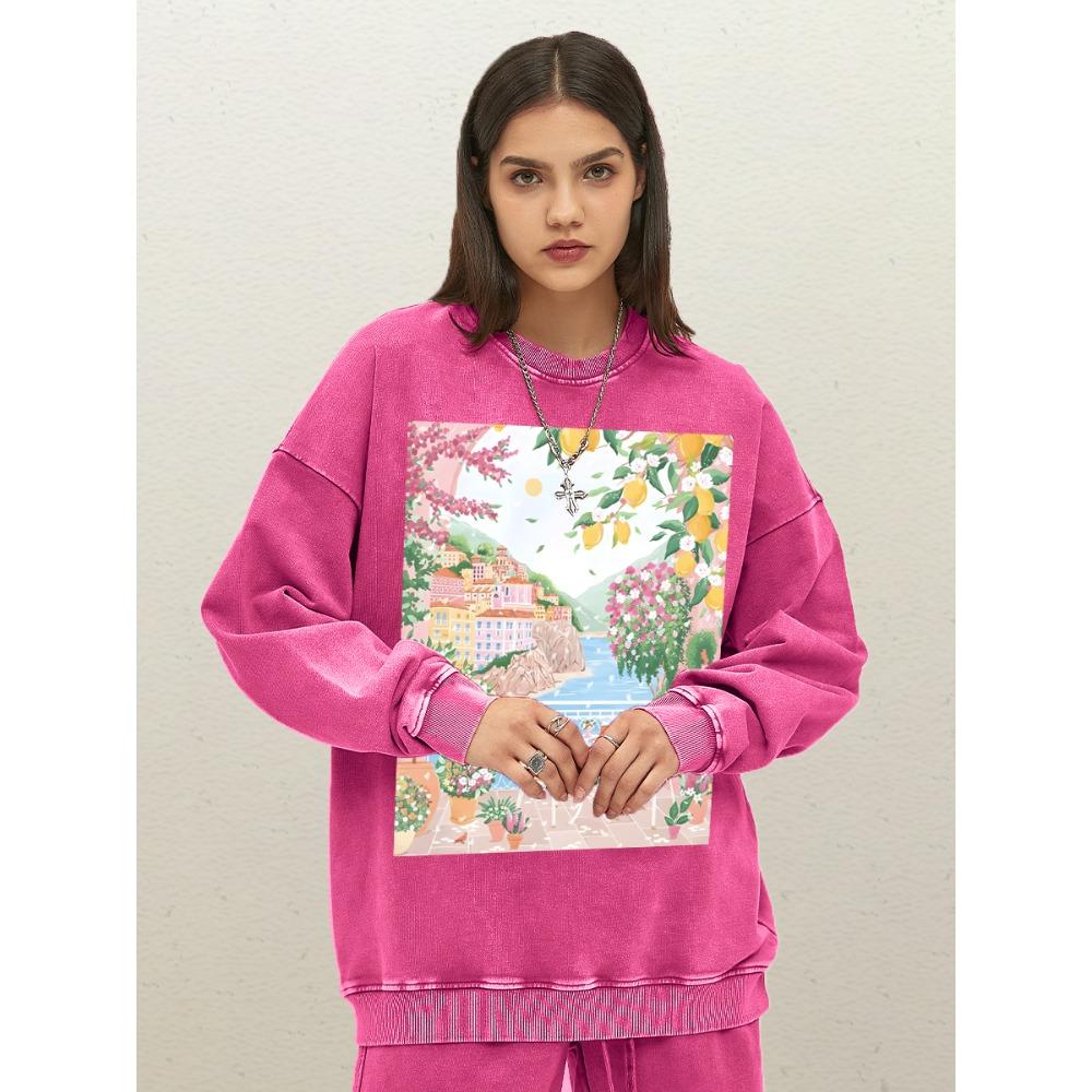 

Красивые Цветы Принт Лимонный Город Женский Выстиранный Свитшот Повседневный Свободный Уличный Стиль Хлопковый Пуловер с Круглым Вырезом Одежда S