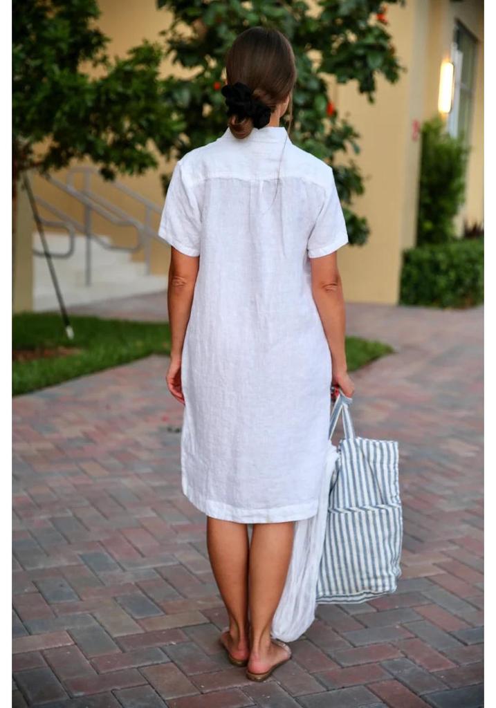 2022 European & American Style Cotton Linen Shirt Dress with Pockets and Buttons