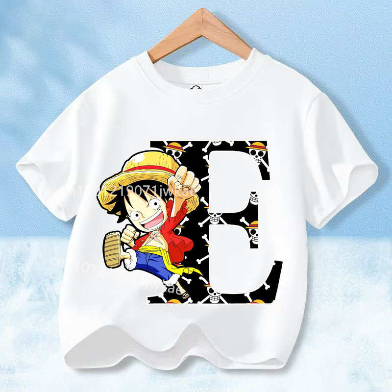 2026 New One Piece Letter A-Z Anime Luffy Gear  Cartoon Graphic Cotton T-shirt for Children Summer Sports Tees Casual Kids Tops
