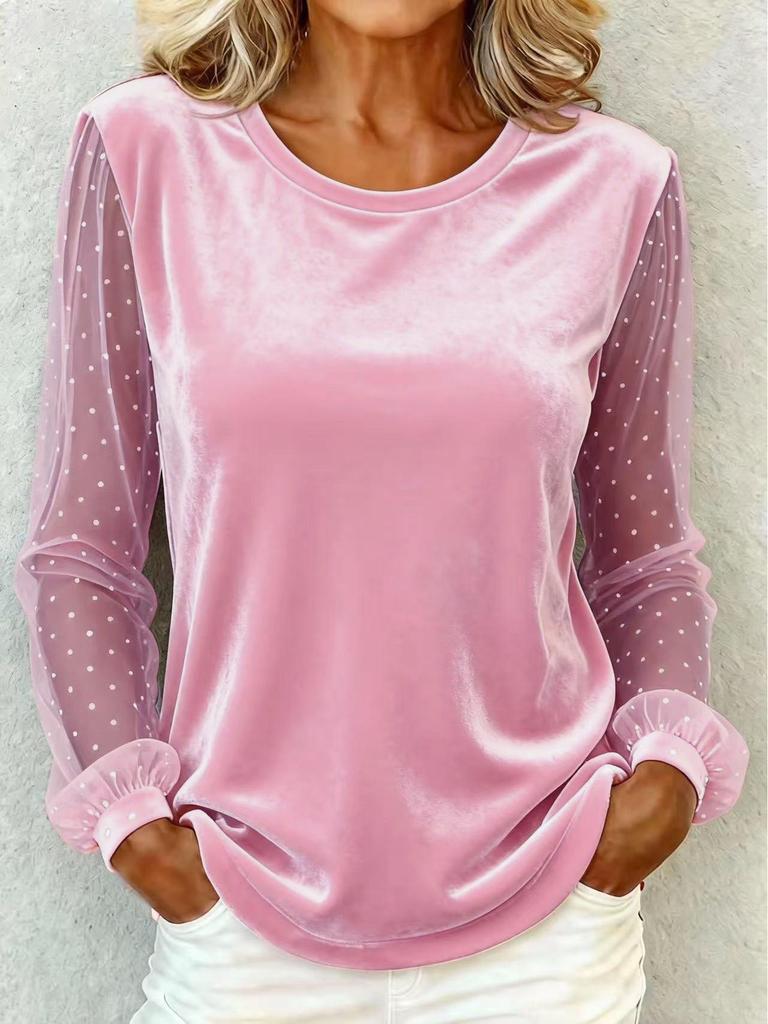 Elegant European & American Women's Lace Patchwork Velvet Long Sleeve T-Shirt