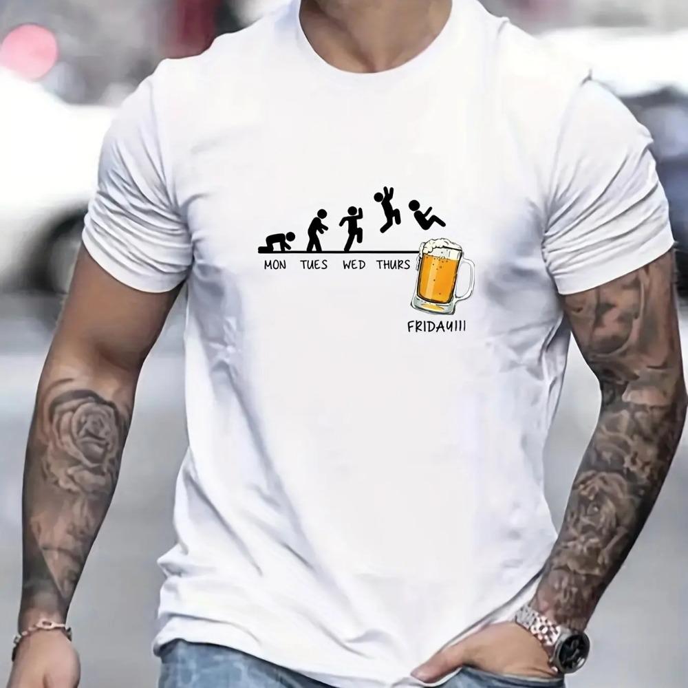 Summer men's 100% cotton casual loose size Jumping In Beer print round neck short sleeved T-shirt top