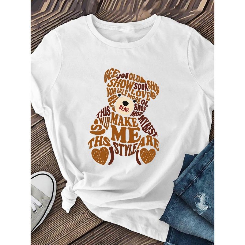 European Size Women's & ' Little Bear Alphabet A-T-Shirts - Soft Breathable Short Sleeve Round Neck with Cute Bear  Summer Outfits New 2026 Styles