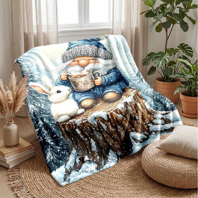 Snowy Gnome with Hearts Theme Blanket Lightweight Warm Flannel Blanket Decorative Throw Blanket for Home Decoration