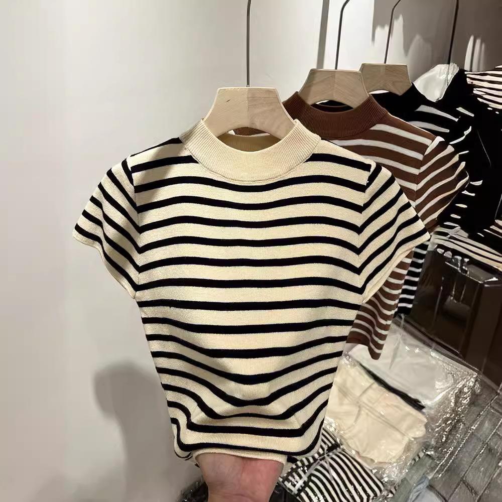 Semi-turtleneck striped wool knitted sweater flying sleeves slim-fitting top small shirt women's 1116 spring and summer short-sleeved bottoming shirt