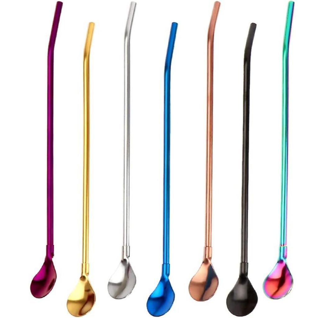 Heilwiy Spoon Straws Reusable 7pcs Cocktail Spoon Metal Stirrers 2 In 1 Metal Spoon