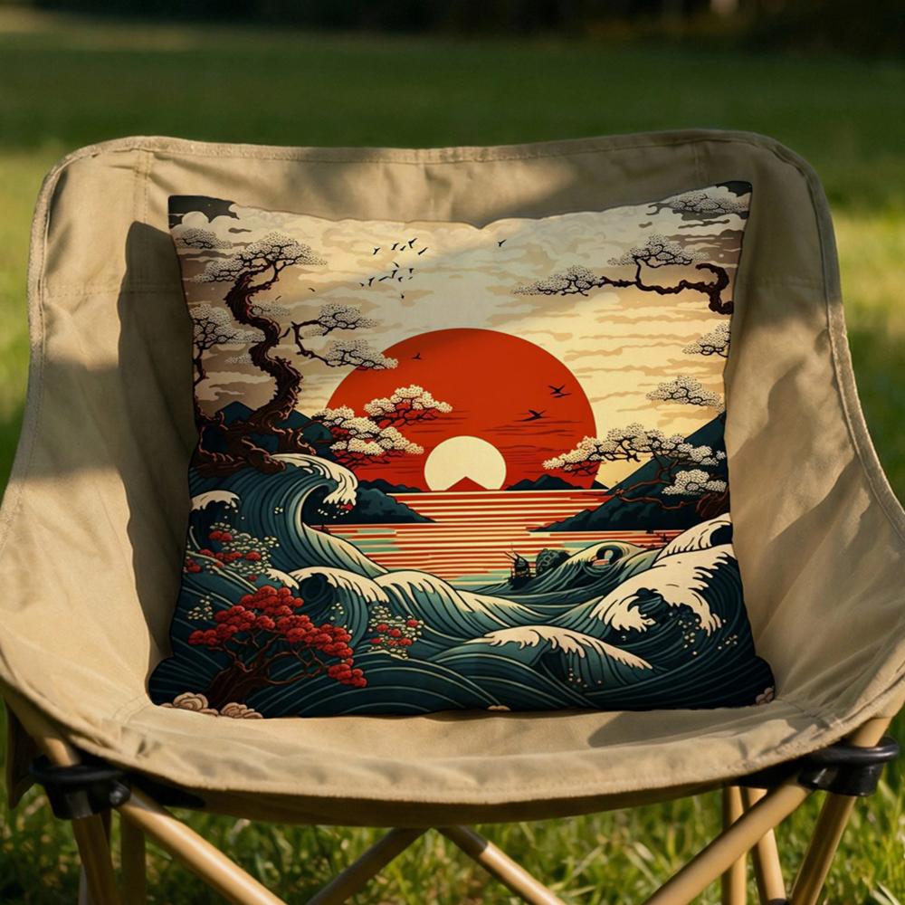 Japanese Waves Cushion Cover Soft Reversible  Durable Pillow Cover  MultiScene Use for Home  Car Daily Comfort