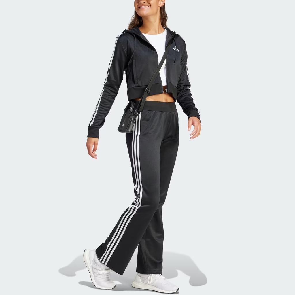 Adidas Glam tepláková souprava s potiskem loga písmen, s kapucí na zip, s dlouhým rukávem, volný pas, dlouhé kalhoty, ležérní set, dámská tepláková souprava, černá IN1836