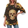 Women's Casual Loose Fit Three-Quarter Sleeve Neck Top with Halloween Print