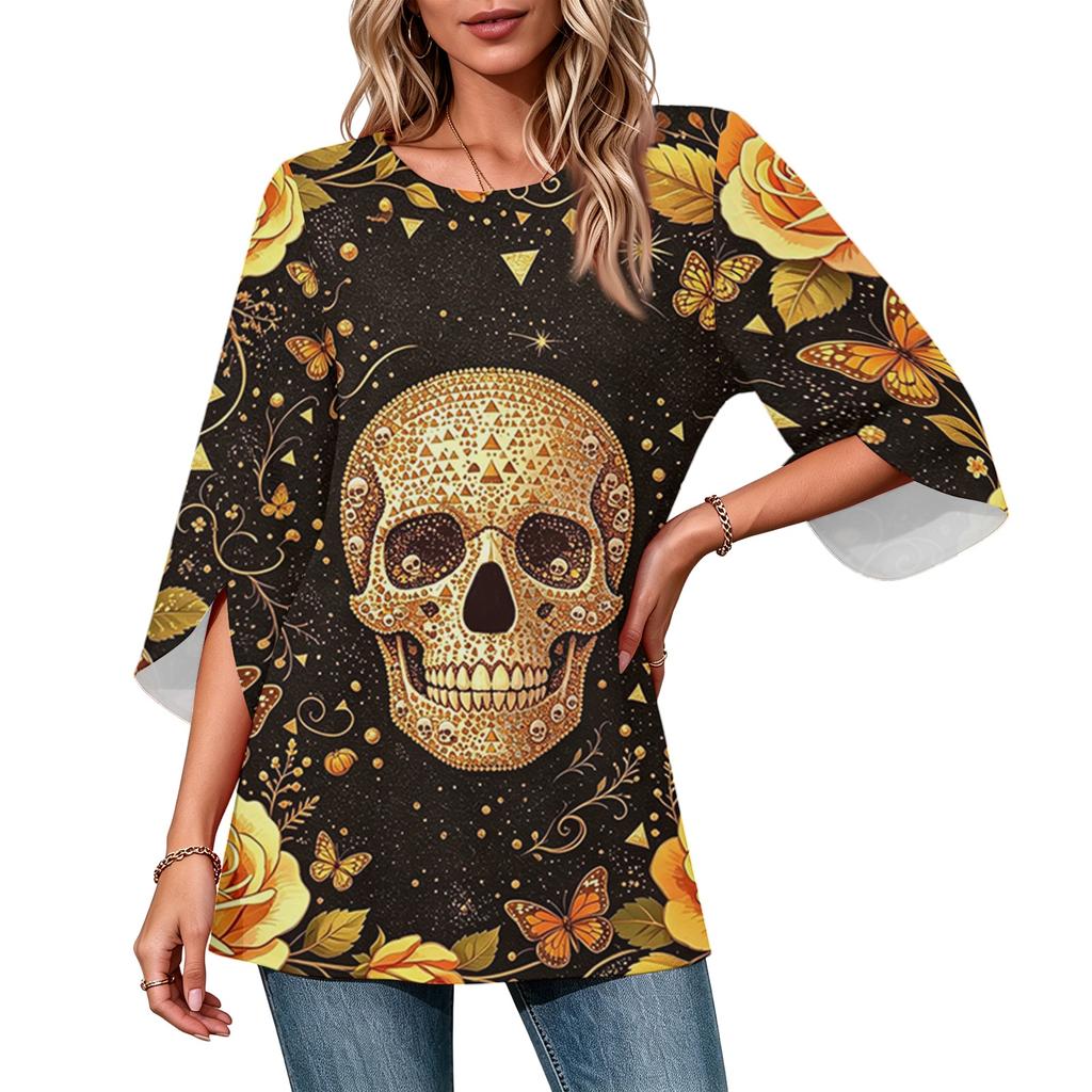 Women's Casual Loose Fit Three-Quarter Sleeve Neck Top with Halloween Print