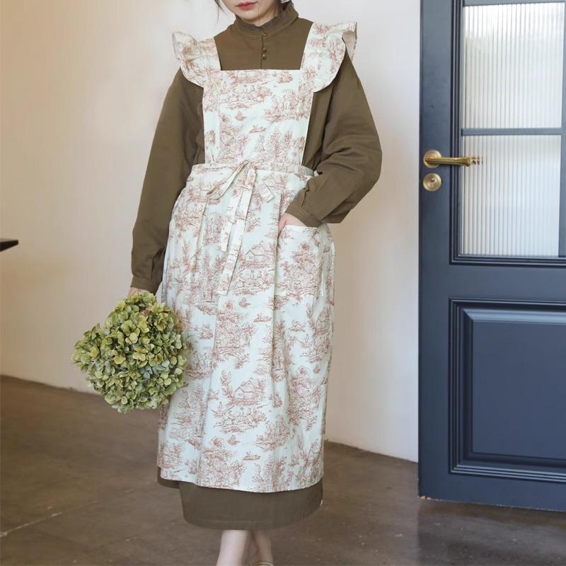 Long Retro Printed Cotton Ruffled Kitchen Apron with Pockets Summer Pleated Women's Cross-back Apron Water-resistant Pinafore