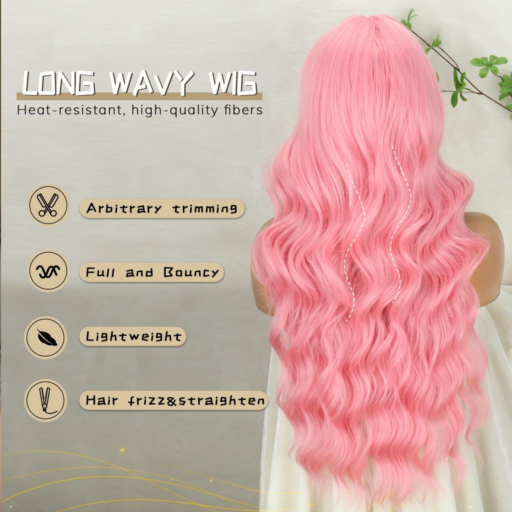 MERISIHAIR Syntetiske lange rosa parykker med smell Naturlig bølget hår Parykk for kvinner Daglig Cosplay Varmebestandig