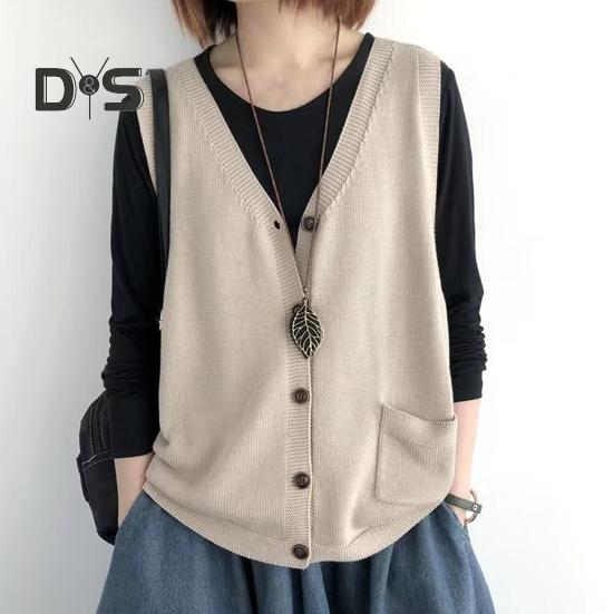 Women Knitting Vest V-Neck Sleeveless Single Breasted Warm Waistcoat Solid Color Loose Fit Knitted Tank Tops with Pockets